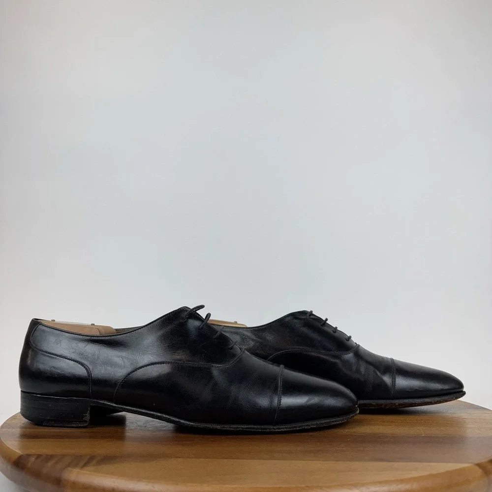 Mens Salvatore Ferragamo Black Leather Cap Toe Brogue Oxfords Size 9.5 C